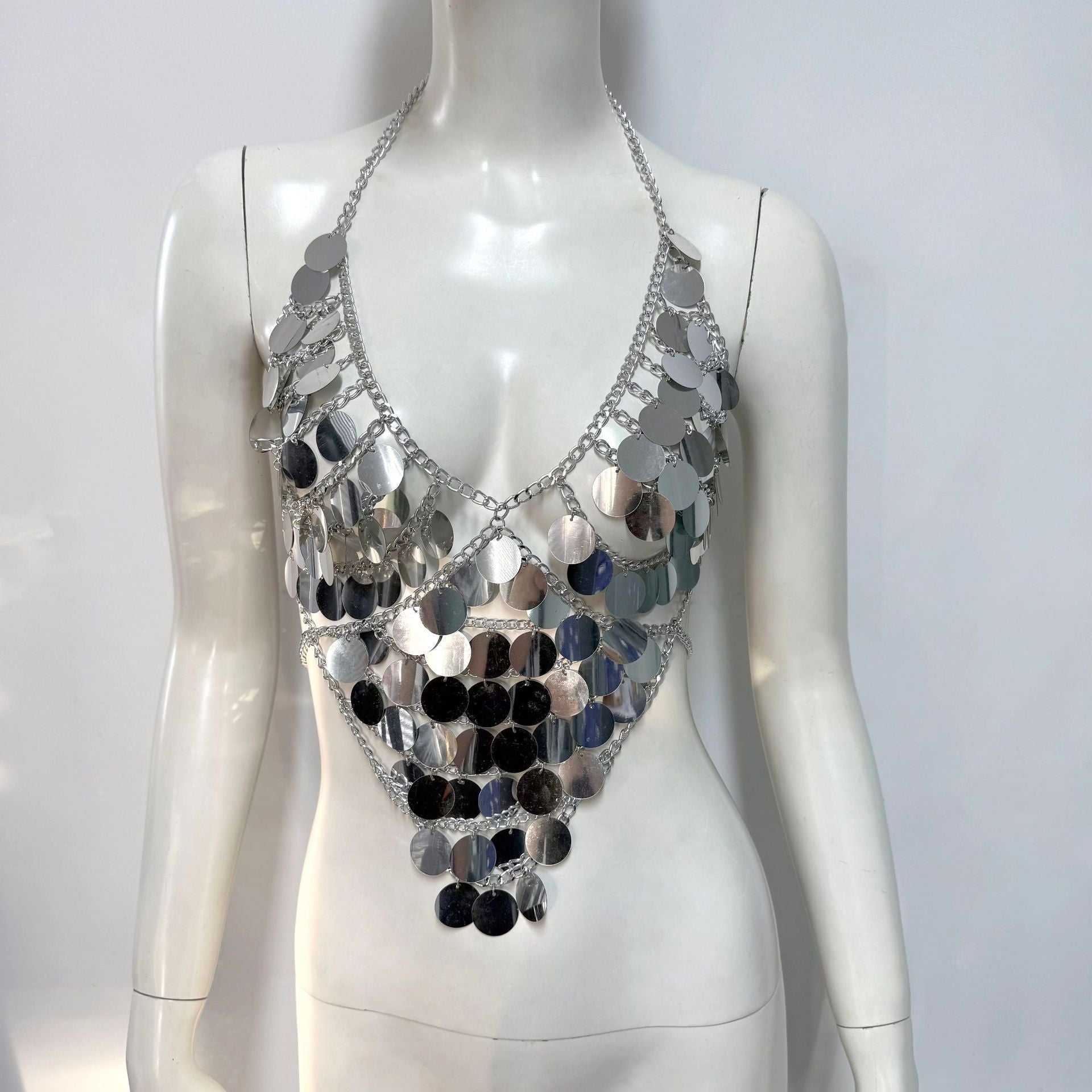 Women's Fishnet Sequin Stitching Halterneck Vest