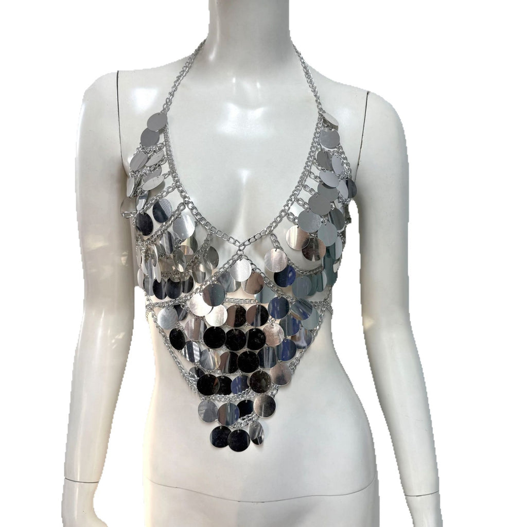 Women's Fishnet Sequin Stitching Halterneck Vest