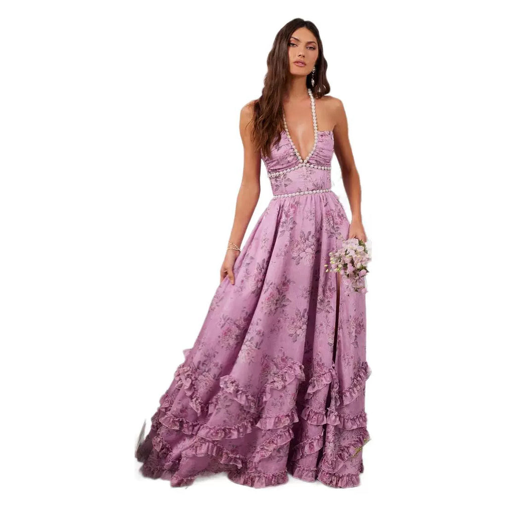 Elegant Graceful Printed Slim-fit Expansion Skirt For Vacation Suspender Dress