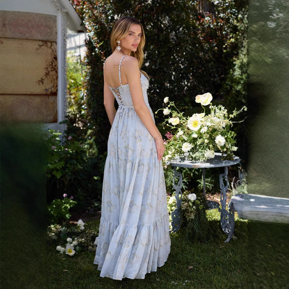 Long Seaside Vacation Style Backless Dress Floral Skirt