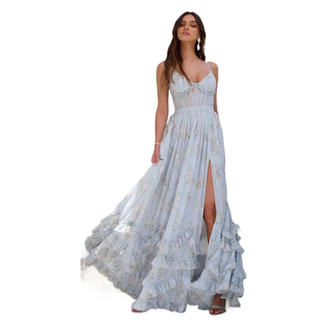 Long Seaside Vacation Style Backless Dress Floral Skirt