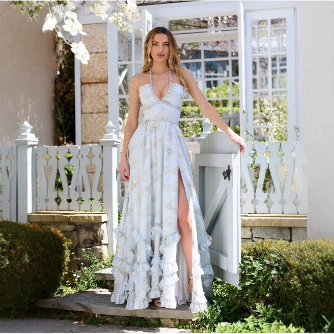 Pearl Halterneck Printed High Slit V-neck Dress