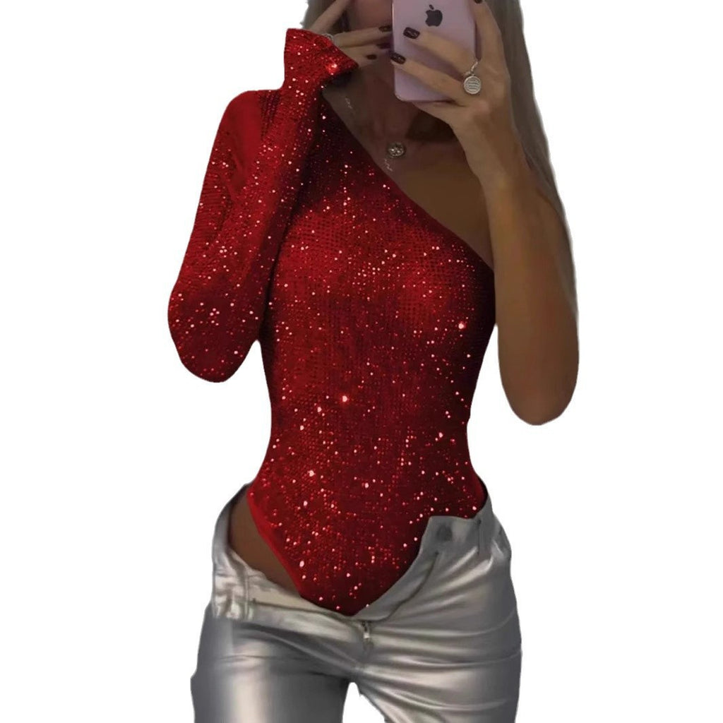 Hot Girl Sexy One-shoulder Tight Rhinestone Sequins Top