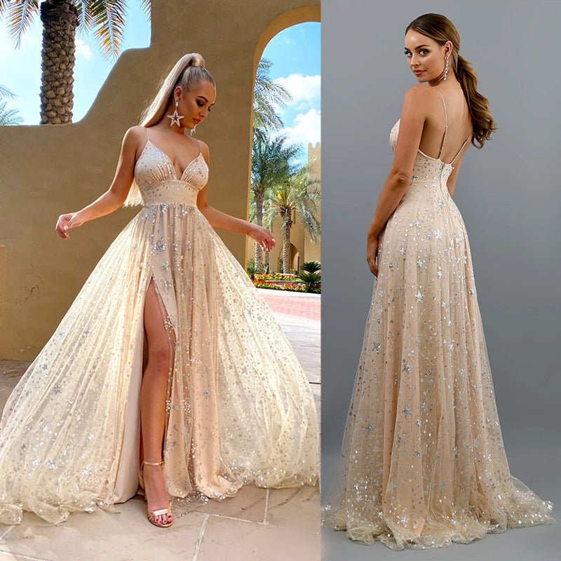 Deep V Sling Dress Slit Iron Dress